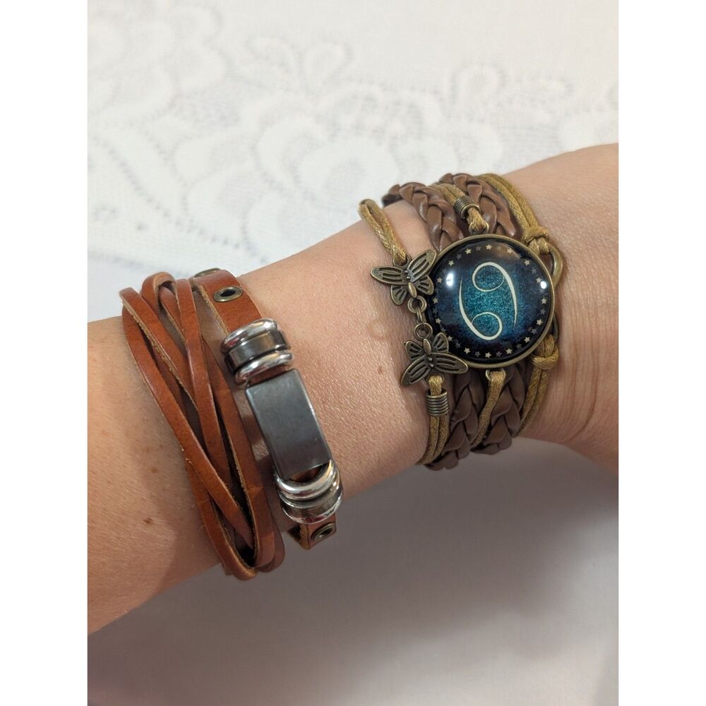 Vintage Boho Leather Bracelet Lot - 2 Pcs Unisex Wrap & Cancer Zodiac Cuff